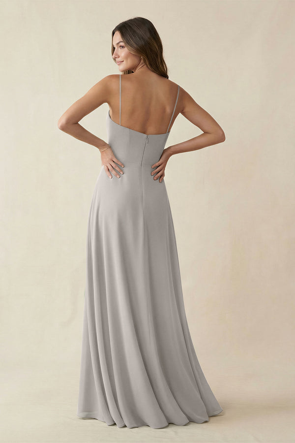 Spaghetti Strap A - Line Chiffon Maxi Bridesmaid Dress in Silver - SHE IS ME Bridesmaid Dresses