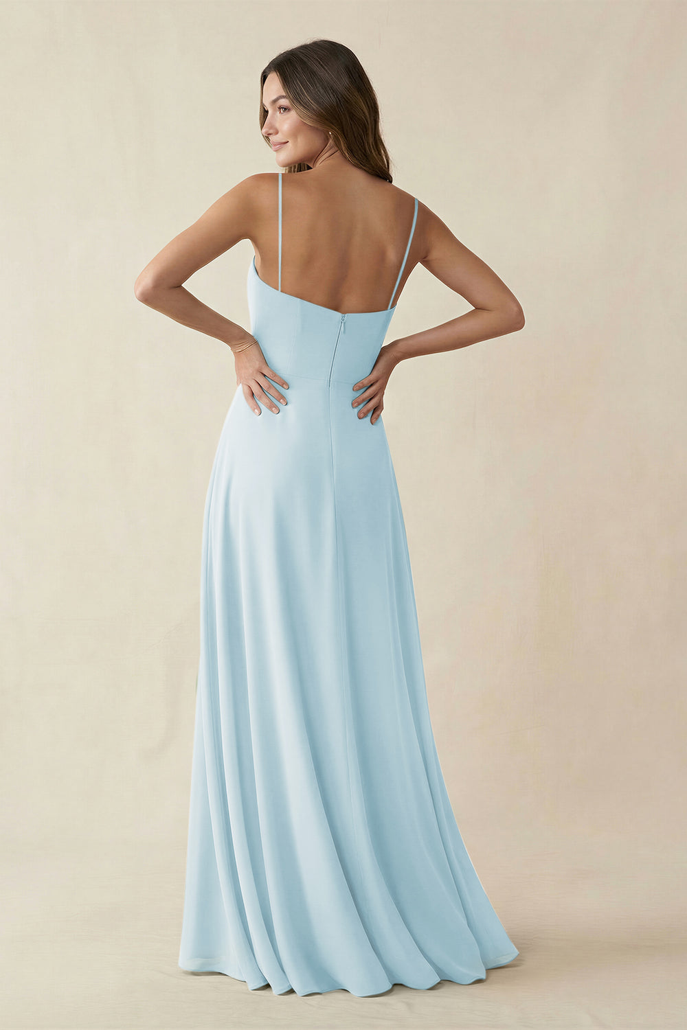 Spaghetti Strap A-Line Chiffon Maxi Bridesmaid Dress in Sky Blue