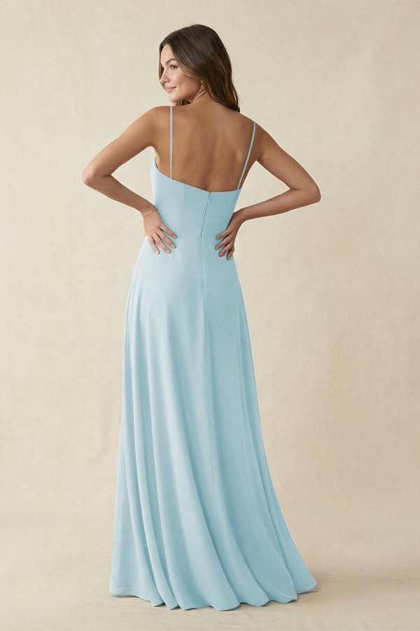 Spaghetti Strap A - Line Chiffon Maxi Bridesmaid Dress in Sky Blue - SHE IS ME Bridesmaid Dresses