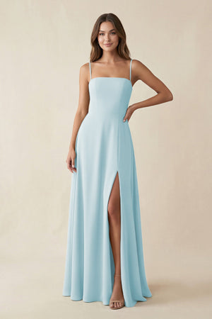 Spaghetti Strap A - Line Chiffon Maxi Bridesmaid Dress in Sky Blue - SHE IS ME Bridesmaid Dresses