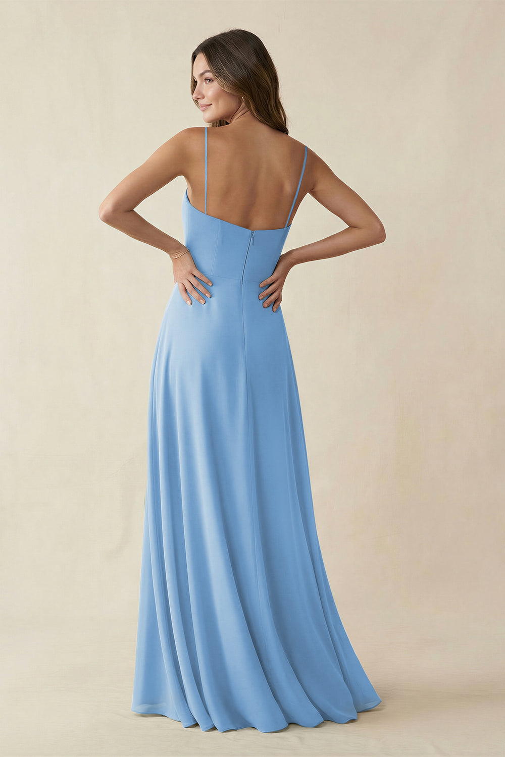 Spaghetti Strap A-Line Chiffon Maxi Bridesmaid Dress in Steel Blue