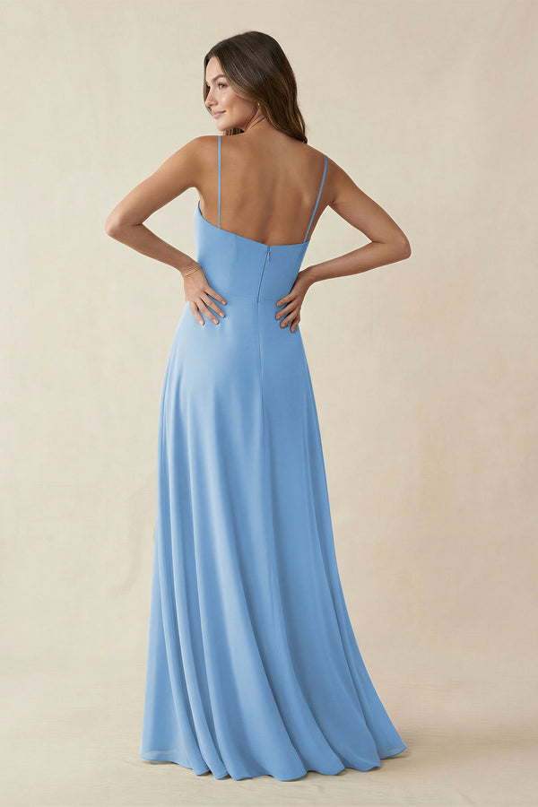 Spaghetti Strap A-Line Chiffon Maxi Bridesmaid Dress in Steel Blue (2) | KISSBRIDAL