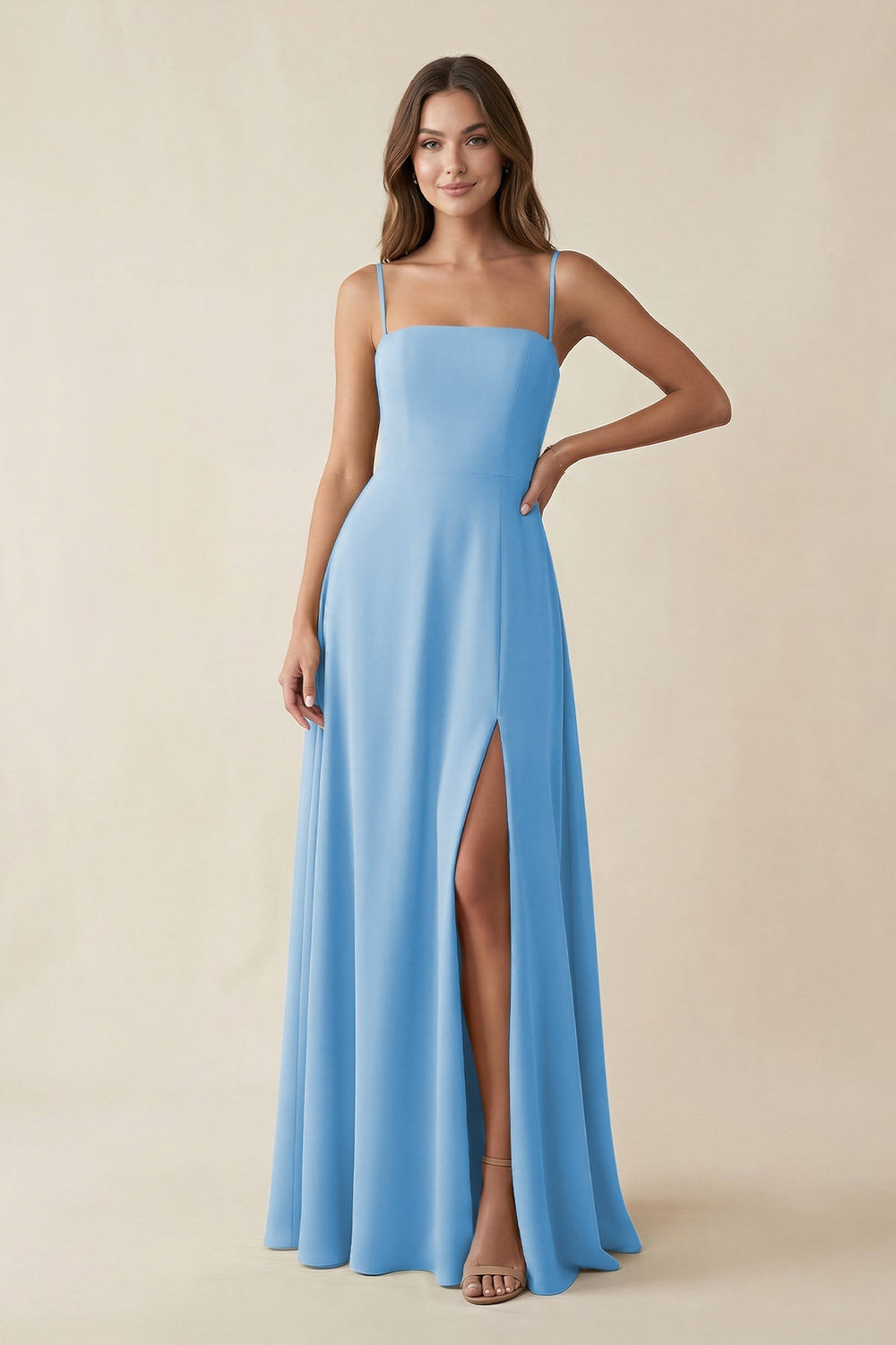 Spaghetti Strap A - Line Chiffon Maxi Bridesmaid Dress in Steel Blue - KISS BRIDAL Bridesmaid Dresses