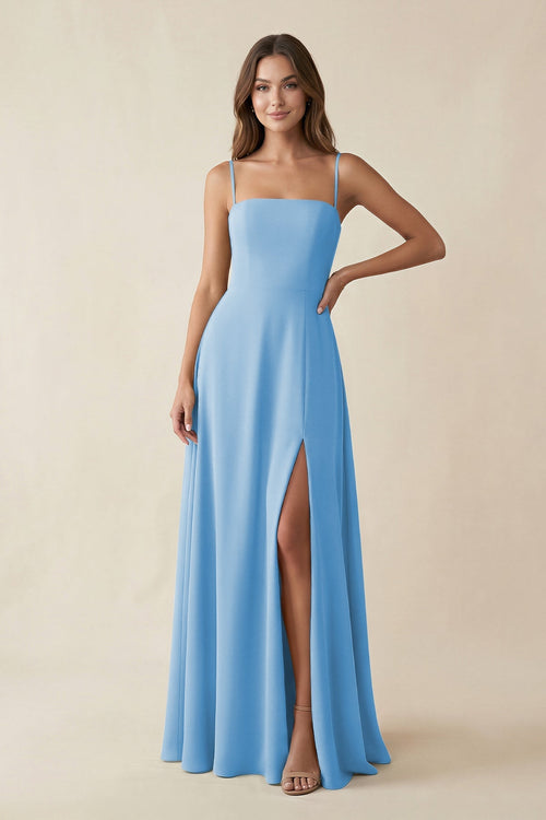 Spaghetti Strap A - Line Chiffon Maxi Bridesmaid Dress in Steel Blue - SHE IS ME Bridesmaid Dresses