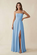 Spaghetti Strap A-Line Chiffon Maxi Bridesmaid Dress in Steel Blue | KISSBRIDAL