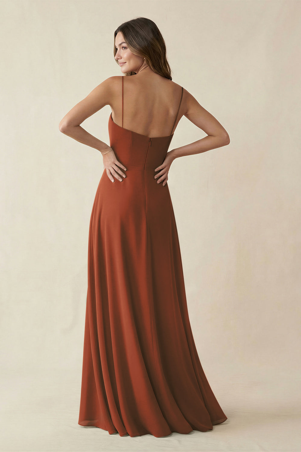 Spaghetti Strap A-Line Chiffon Maxi Bridesmaid Dress in Terracotta
