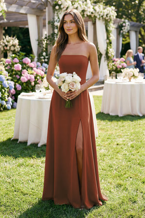 Spaghetti Strap A-Line Chiffon Maxi Bridesmaid Dress in Terracotta (3) | KISSBRIDAL