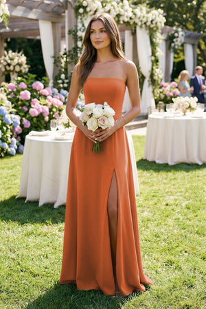 Spaghetti Strap A - Line Chiffon Maxi Bridesmaid Dress in Terracotta - SHE IS ME Bridesmaid Dresses