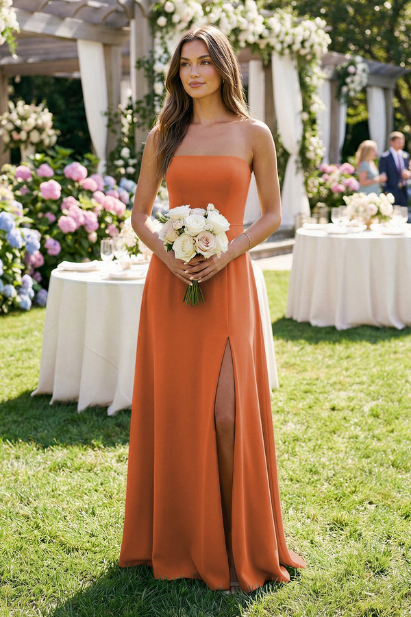 Spaghetti Strap A - Line Chiffon Maxi Bridesmaid Dress in Terracotta - SHE IS ME Bridesmaid Dresses