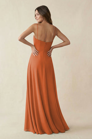 Spaghetti Strap A - Line Chiffon Maxi Bridesmaid Dress in Terracotta - SHE IS ME Bridesmaid Dresses