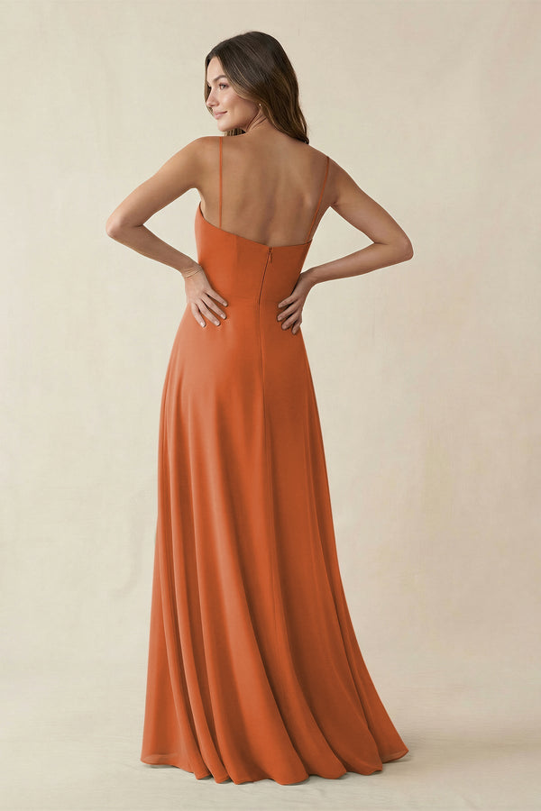 Spaghetti Strap A - Line Chiffon Maxi Bridesmaid Dress in Terracotta - SHE IS ME Bridesmaid Dresses