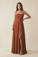 Spaghetti Strap A-Line Chiffon Maxi Bridesmaid Dress in Terracotta | KISSBRIDAL