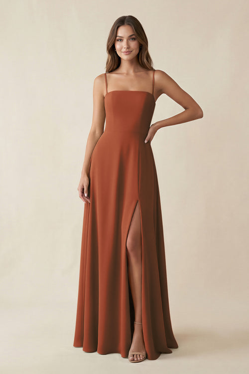 Spaghetti Strap A-Line Chiffon Maxi Bridesmaid Dress in Terracotta | KISSBRIDAL