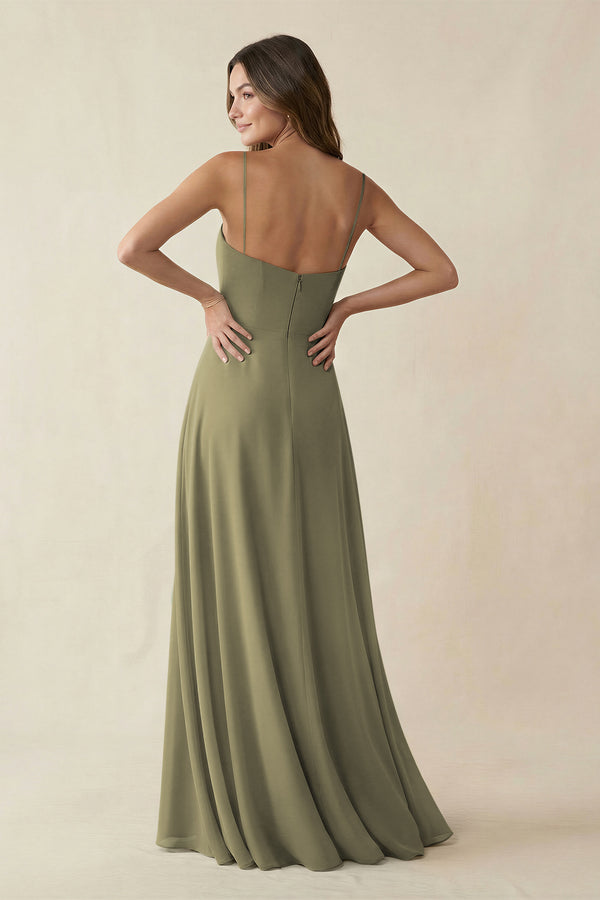 Spaghetti Strap A-Line Chiffon Maxi Bridesmaid Dress in Thyme (2) | KISSBRIDAL