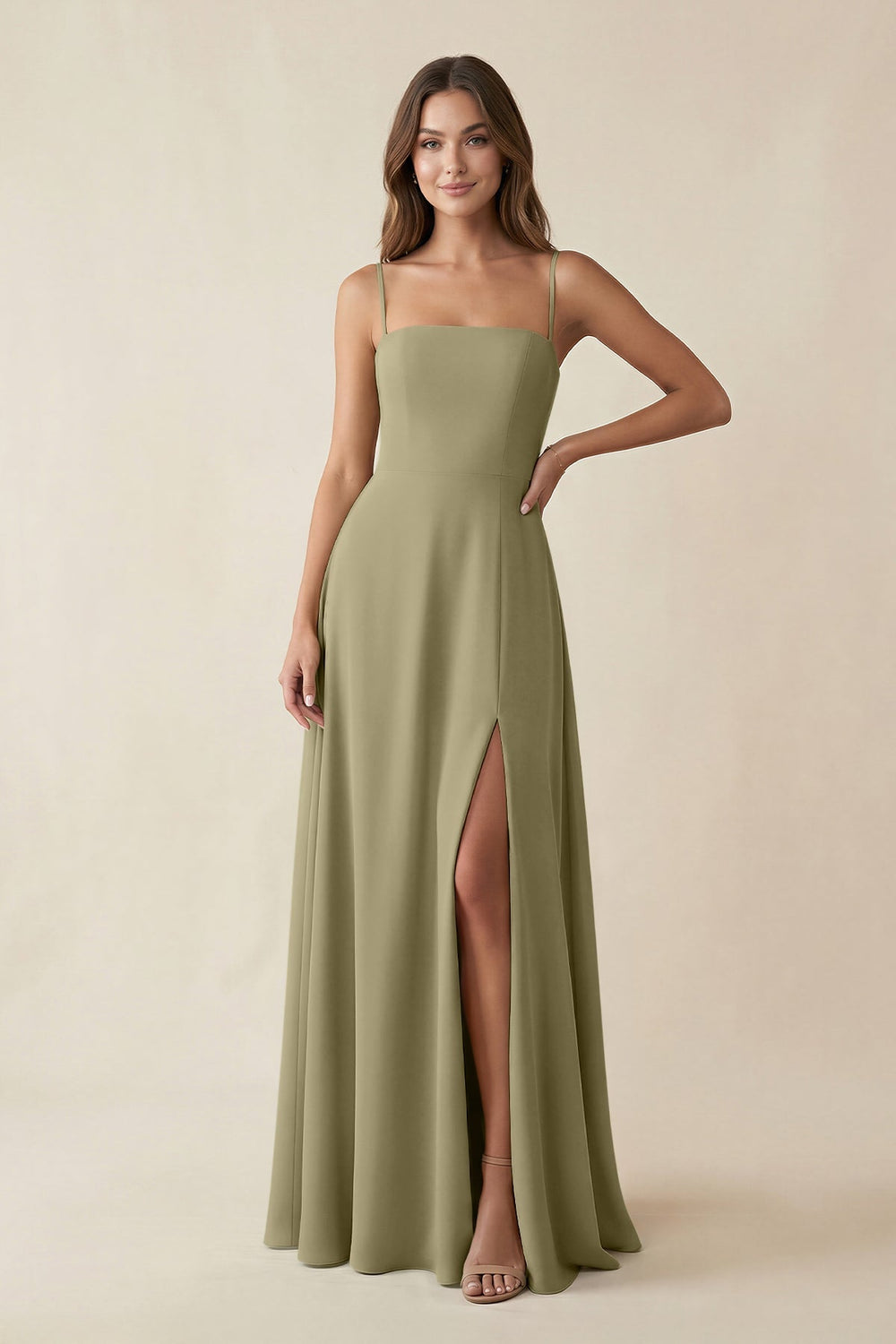 Spaghetti Strap A - Line Chiffon Maxi Bridesmaid Dress in Thyme - KISS BRIDAL Bridesmaid Dresses