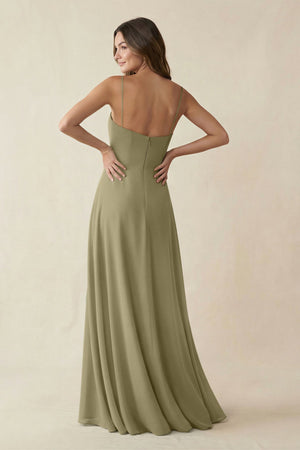 Spaghetti Strap A - Line Chiffon Maxi Bridesmaid Dress in Thyme - SHE IS ME Bridesmaid Dresses