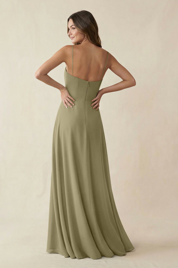 Spaghetti Strap A - Line Chiffon Maxi Bridesmaid Dress in Thyme - SHE IS ME Bridesmaid Dresses