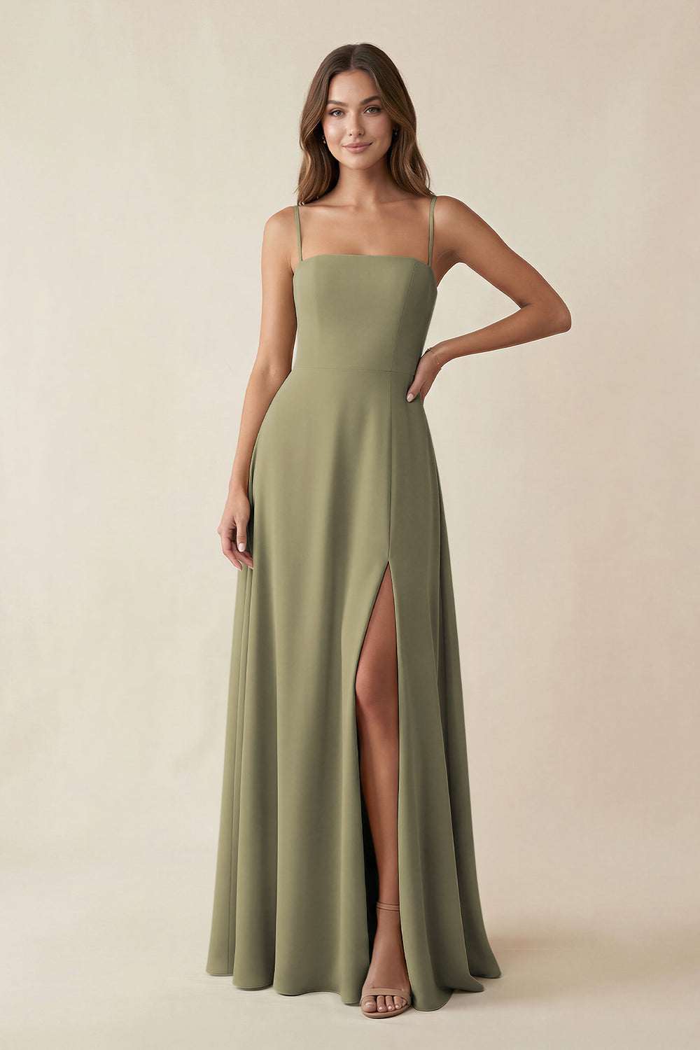 Spaghetti Strap A-Line Chiffon Maxi Bridesmaid Dress in Thyme