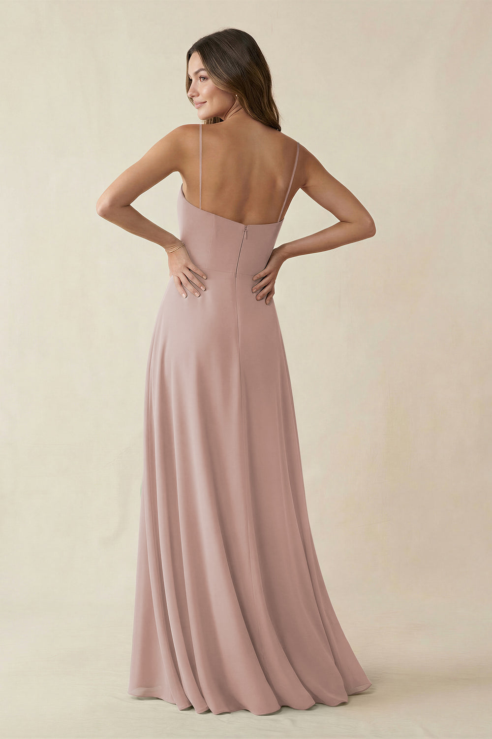 Spaghetti Strap A-Line Chiffon Maxi Bridesmaid Dress in Toffee