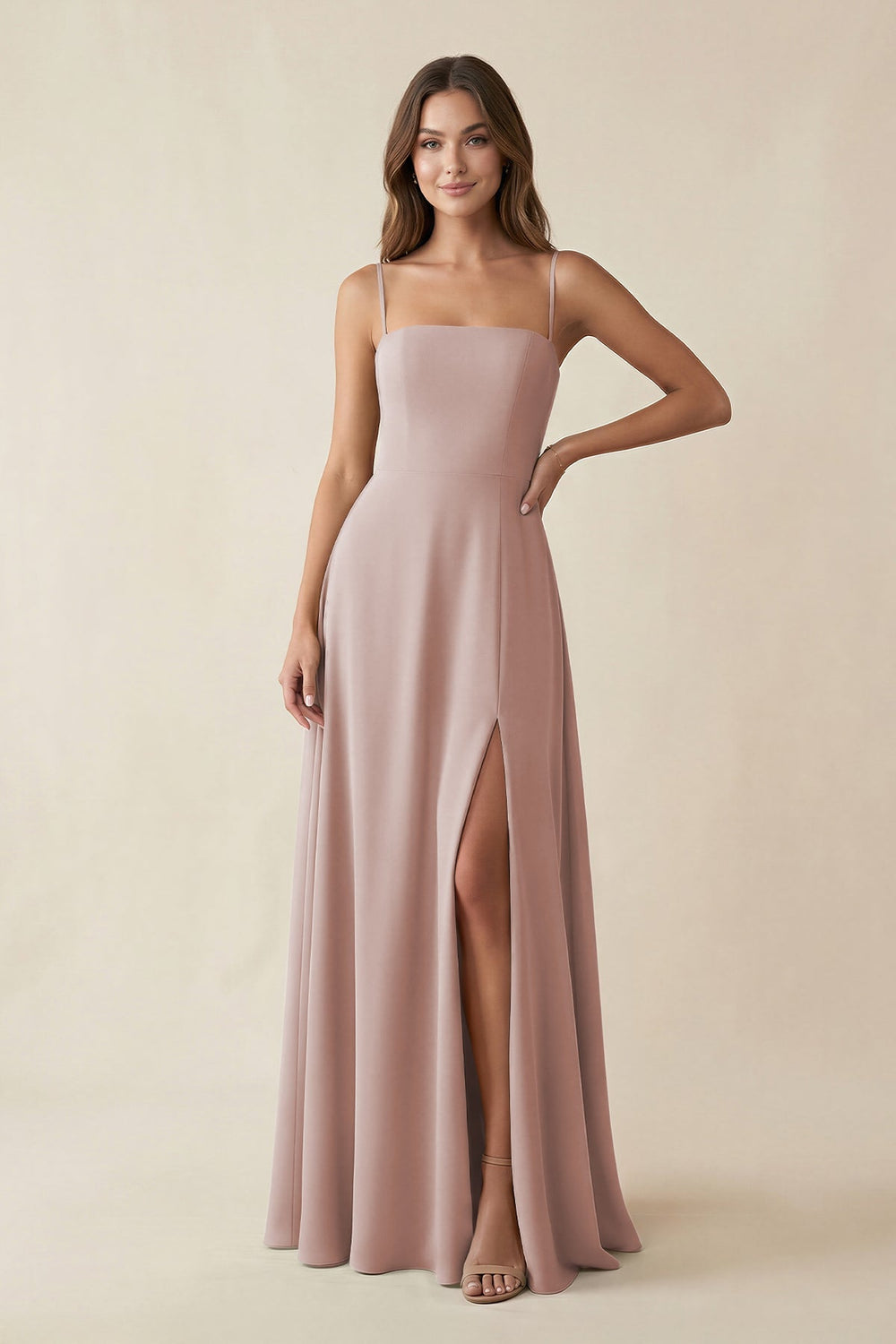 Spaghetti Strap A - Line Chiffon Maxi Bridesmaid Dress in Toffee - KISS BRIDAL Bridesmaid Dresses
