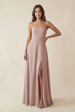 Spaghetti Strap A - Line Chiffon Maxi Bridesmaid Dress in Toffee - SHE IS ME Bridesmaid Dresses