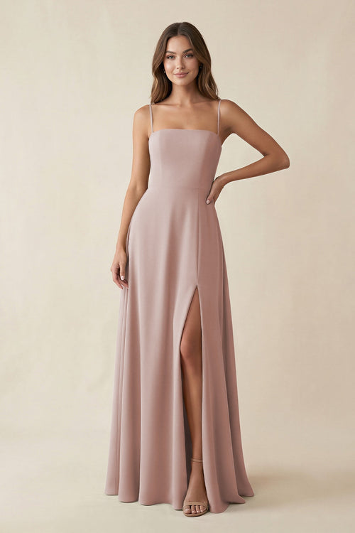 Spaghetti Strap A - Line Chiffon Maxi Bridesmaid Dress in Toffee - SHE IS ME Bridesmaid Dresses
