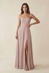 Spaghetti Strap A-Line Chiffon Maxi Bridesmaid Dress in Toffee | KISSBRIDAL