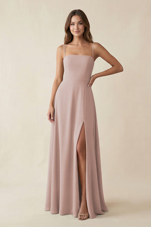Spaghetti Strap A-Line Chiffon Maxi Bridesmaid Dress in Toffee | KISSBRIDAL