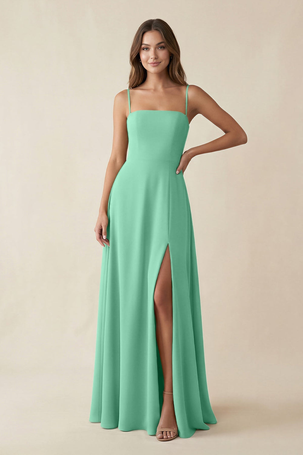 Spaghetti Strap A - Line Chiffon Maxi Bridesmaid Dress in Turquoise - KISS BRIDAL Bridesmaid Dresses
