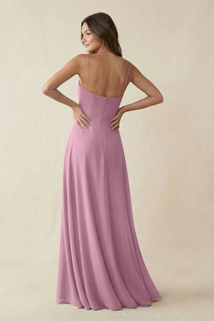 Spaghetti Strap A - Line Chiffon Maxi Bridesmaid Dress in Vintage Mauve - SHE IS ME Bridesmaid Dresses