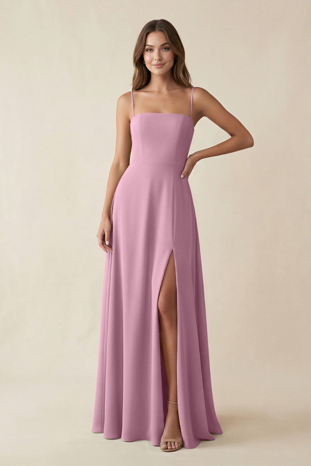 Spaghetti Strap A - Line Chiffon Maxi Bridesmaid Dress in Vintage Mauve - KISS BRIDAL Bridesmaid Dresses