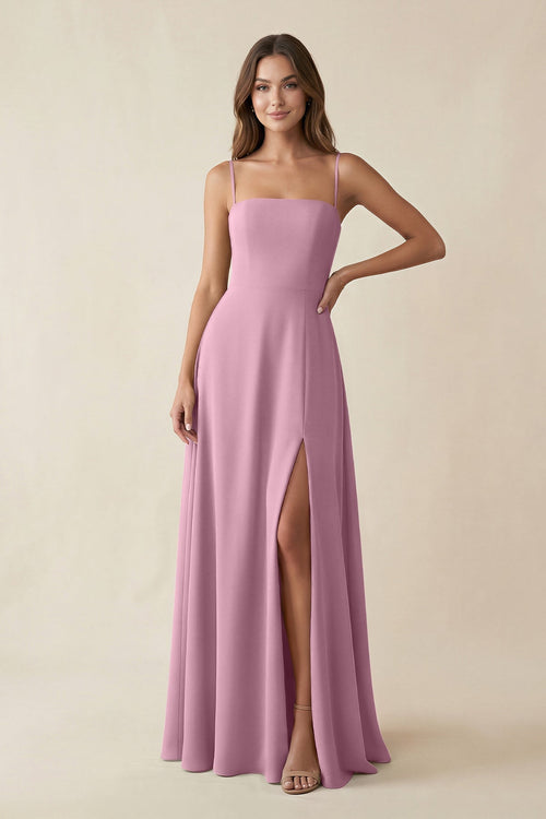 Spaghetti Strap A - Line Chiffon Maxi Bridesmaid Dress in Vintage Mauve - SHE IS ME Bridesmaid Dresses