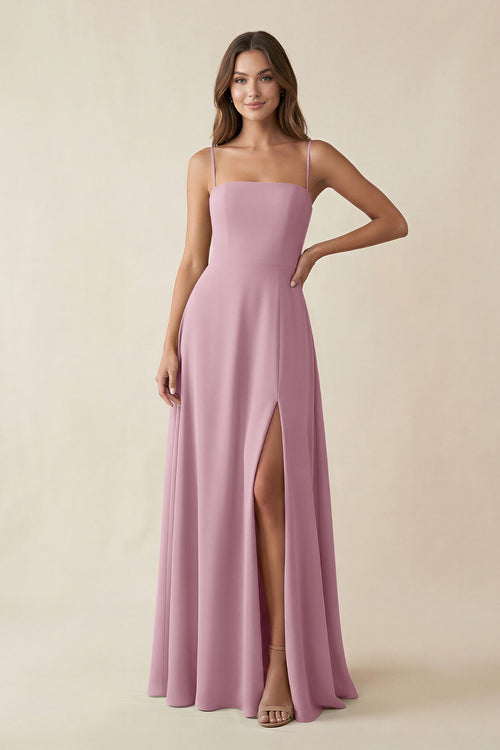 Spaghetti Strap A-Line Chiffon Maxi Bridesmaid Dress in Vintage Mauve | KISSBRIDAL
