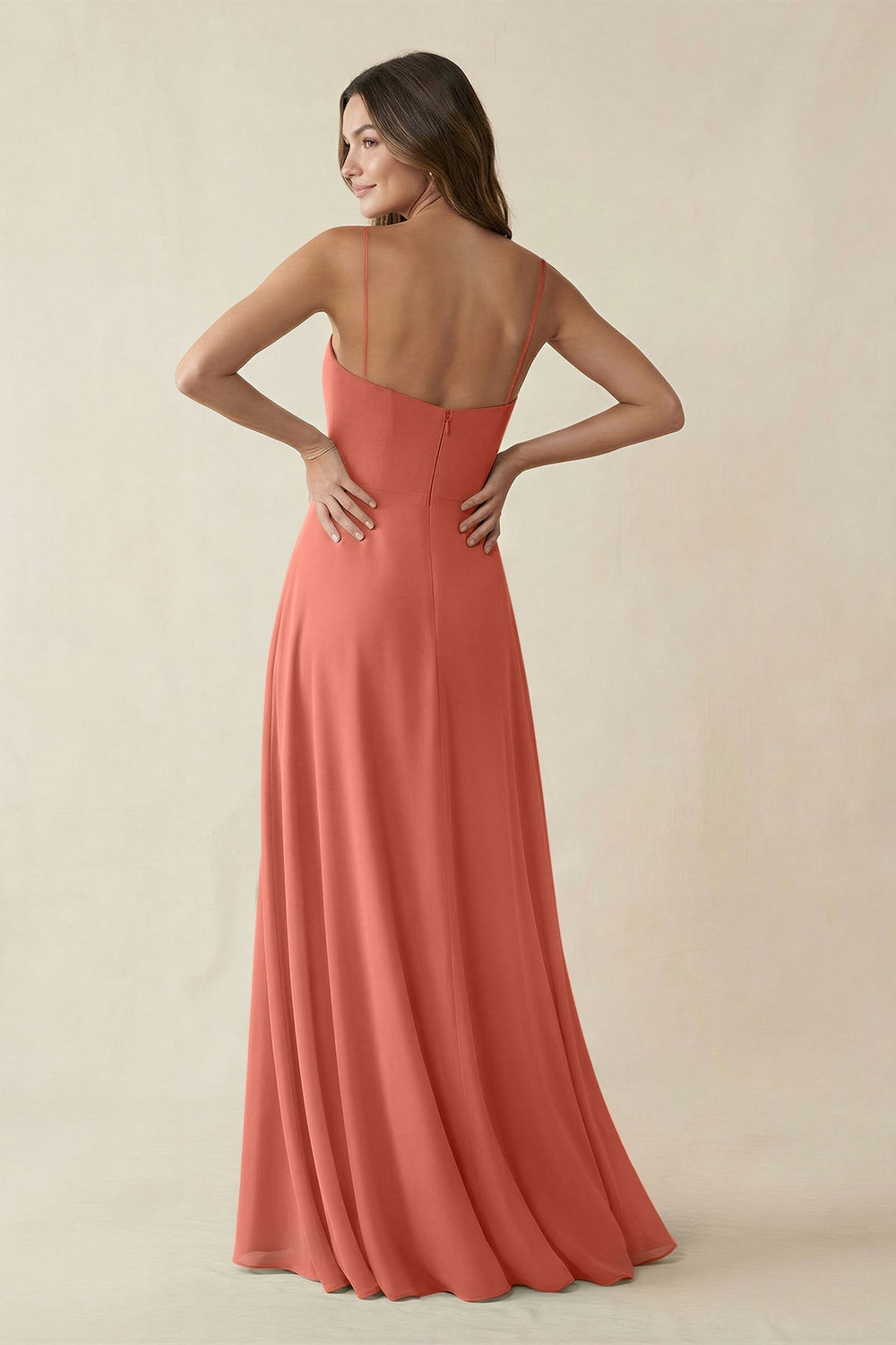 Spaghetti Strap A - Line Chiffon Maxi Bridesmaid Dress in Wild Rose - KISS BRIDAL Bridesmaid Dresses