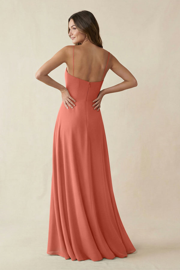 Spaghetti Strap A - Line Chiffon Maxi Bridesmaid Dress in Wild Rose - SHE IS ME Bridesmaid Dresses