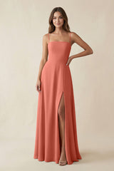 Spaghetti Strap A - Line Chiffon Maxi Bridesmaid Dress in Wild Rose - KISS BRIDAL Bridesmaid Dresses