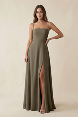 Spaghetti Strap A - Line Chiffon Maxi Bridesmaid Dress in Willow Green - KISS BRIDAL Bridesmaid Dresses