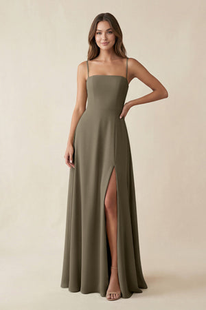 Spaghetti Strap A - Line Chiffon Maxi Bridesmaid Dress in Willow Green - SHE IS ME Bridesmaid Dresses