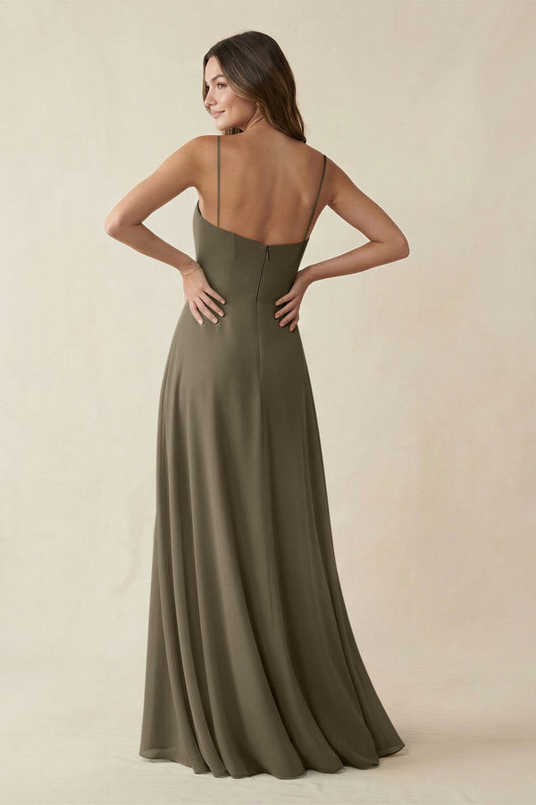 Spaghetti Strap A - Line Chiffon Maxi Bridesmaid Dress in Willow Green - SHE IS ME Bridesmaid Dresses