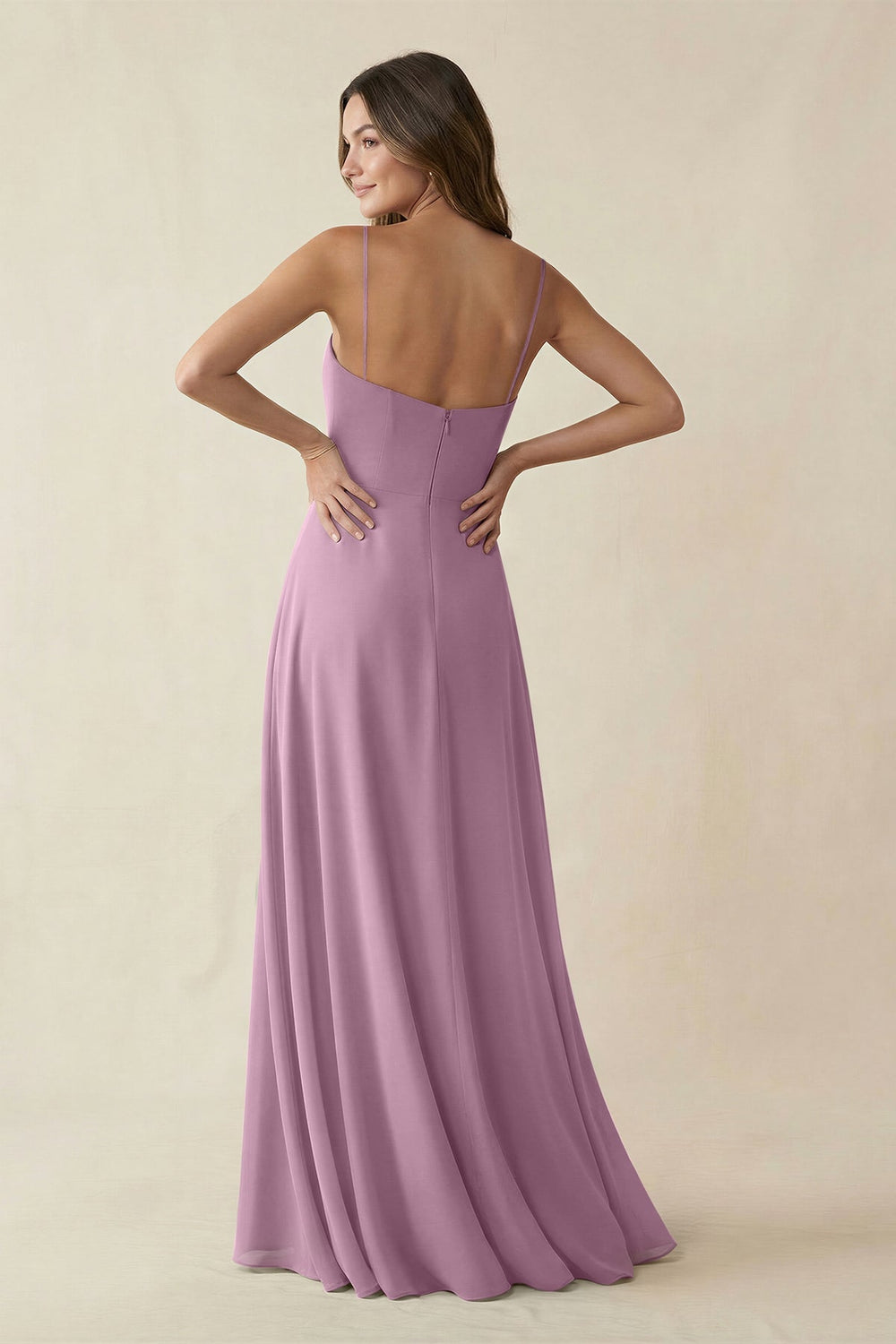 Spaghetti Strap A - Line Chiffon Maxi Bridesmaid Dress in Wisteria - KISS BRIDAL Bridesmaid Dresses