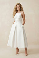 Spaghetti Strap A - Line Satin Midi Wedding Dress in White - SHE IS ME Wedding Dresses