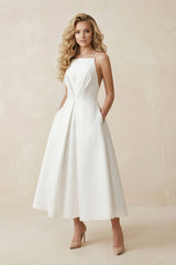 Spaghetti Strap A - Line Satin Midi Wedding Dress in White - KISS BRIDAL Wedding Dresses