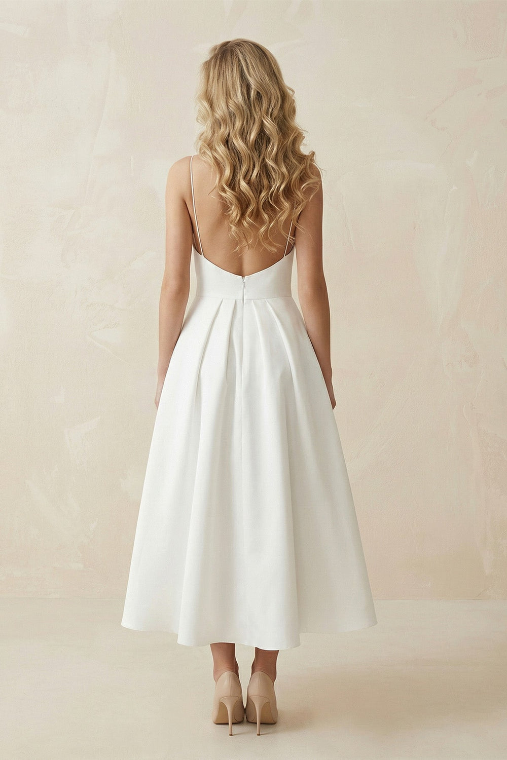 Spaghetti Strap A - Line Satin Midi Wedding Dress in White - KISS BRIDAL Wedding Dresses