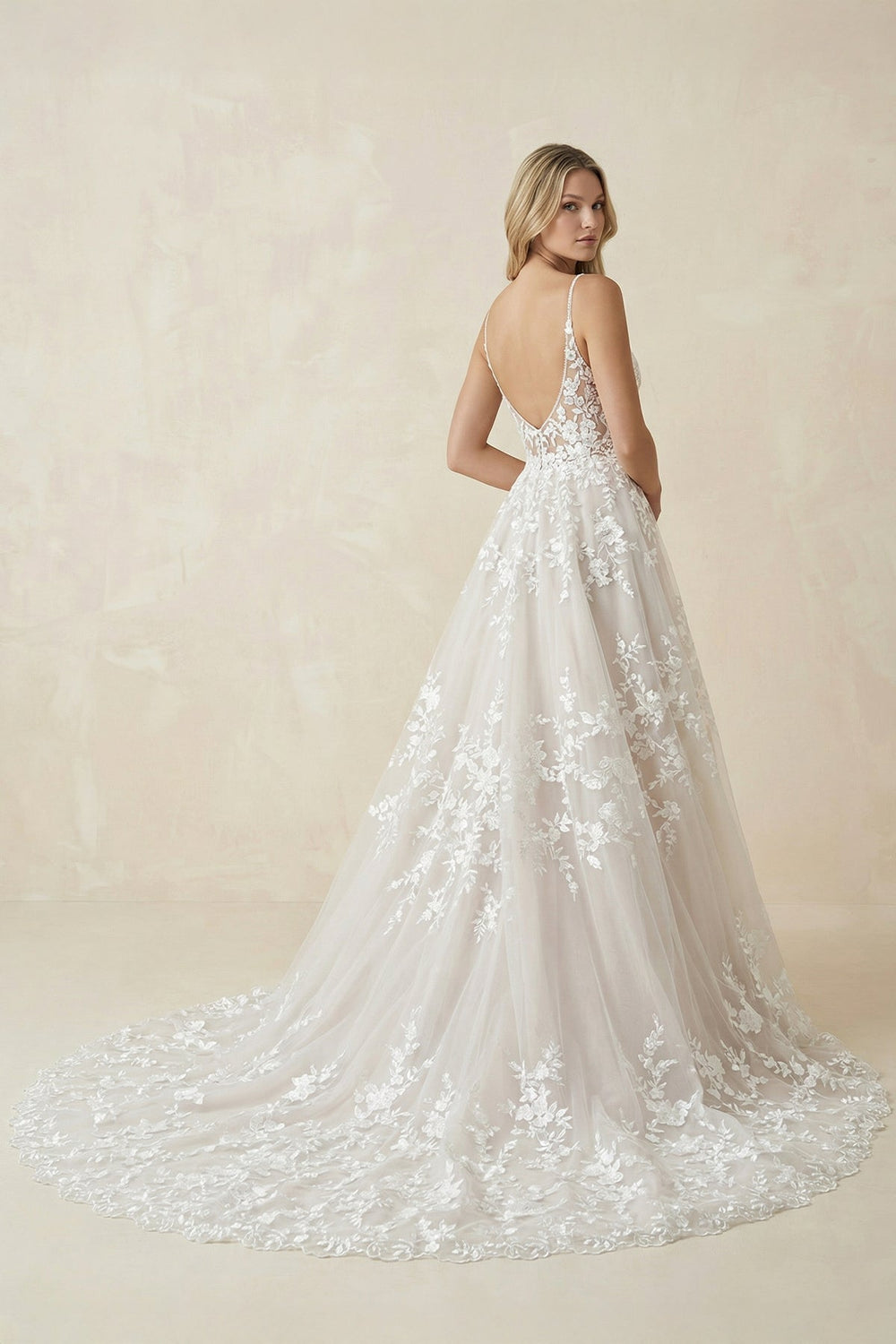 Spaghetti Strap Appliqued Tulle Wedding Dress in Ivory - KISS BRIDAL Wedding Dresses