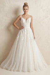 Spaghetti Strap Ball Gown Tulle Appliqued Wedding Dress in Ivory - KISS BRIDAL Wedding Dresses