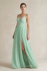 A-Line Spaghetti Strap Chiffon Bridesmaid Dress in Pale Pistachio - KISS BRIDAL BRIDESMAID DRESSES