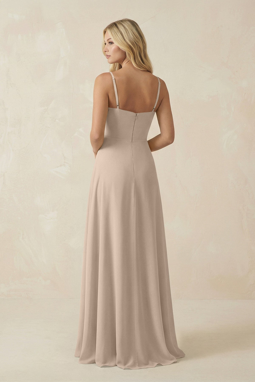 Spaghetti Strap Chiffon A - Line Bridesmaid Dress in Almond - KISS BRIDAL Bridesmaid Dresses