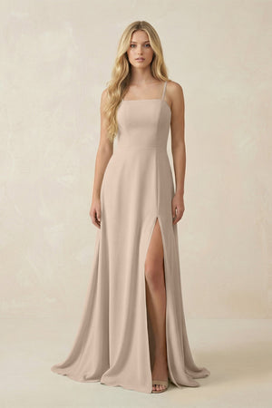 Spaghetti Strap Chiffon A - Line Bridesmaid Dress in Almond - KISS BRIDAL Bridesmaid Dresses