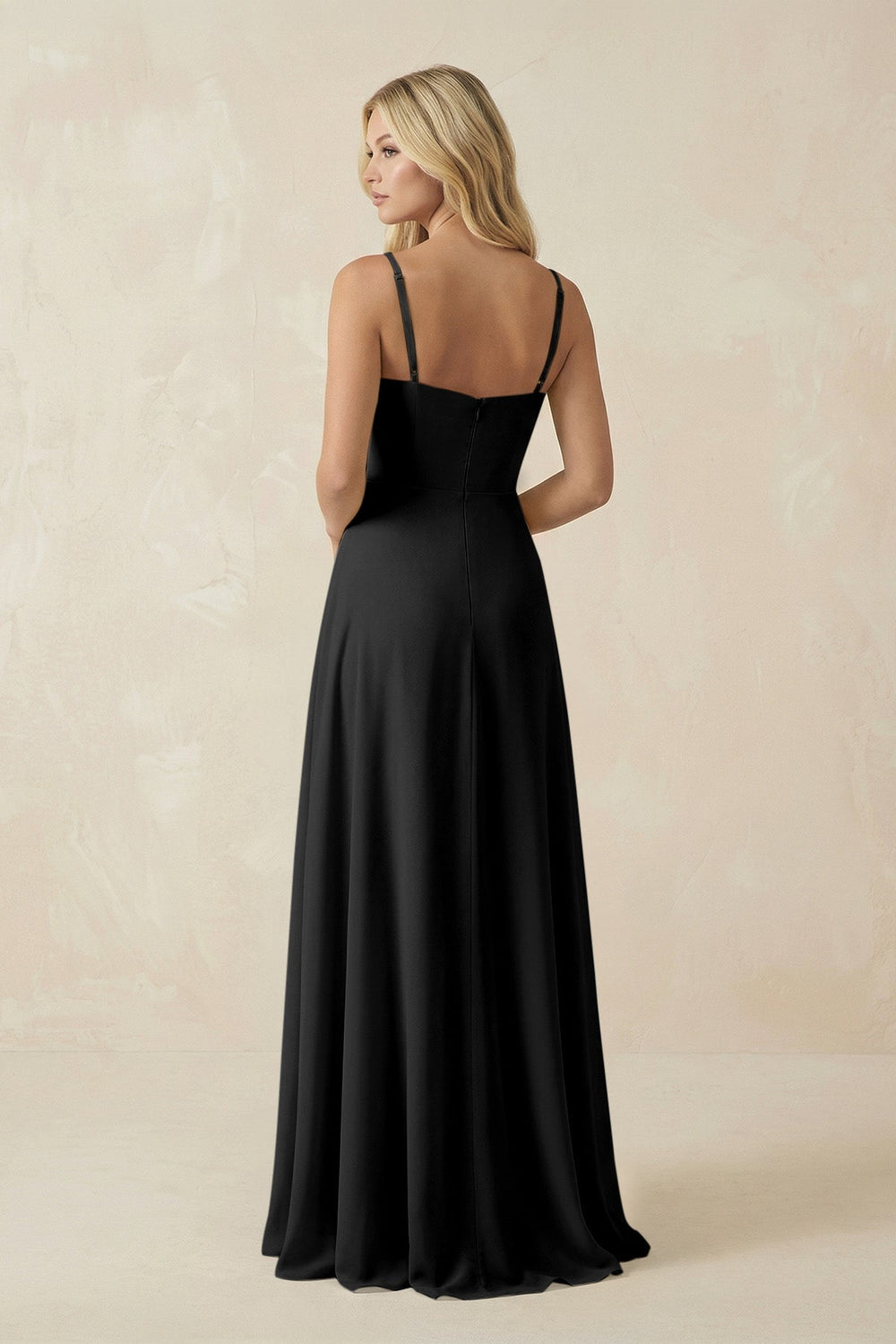Spaghetti Strap Chiffon A - Line Bridesmaid Dress in Black - KISS BRIDAL Bridesmaid Dresses