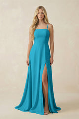 Spaghetti Strap Chiffon A - Line Bridesmaid Dress in Blue Jay - KISS BRIDAL Bridesmaid Dresses